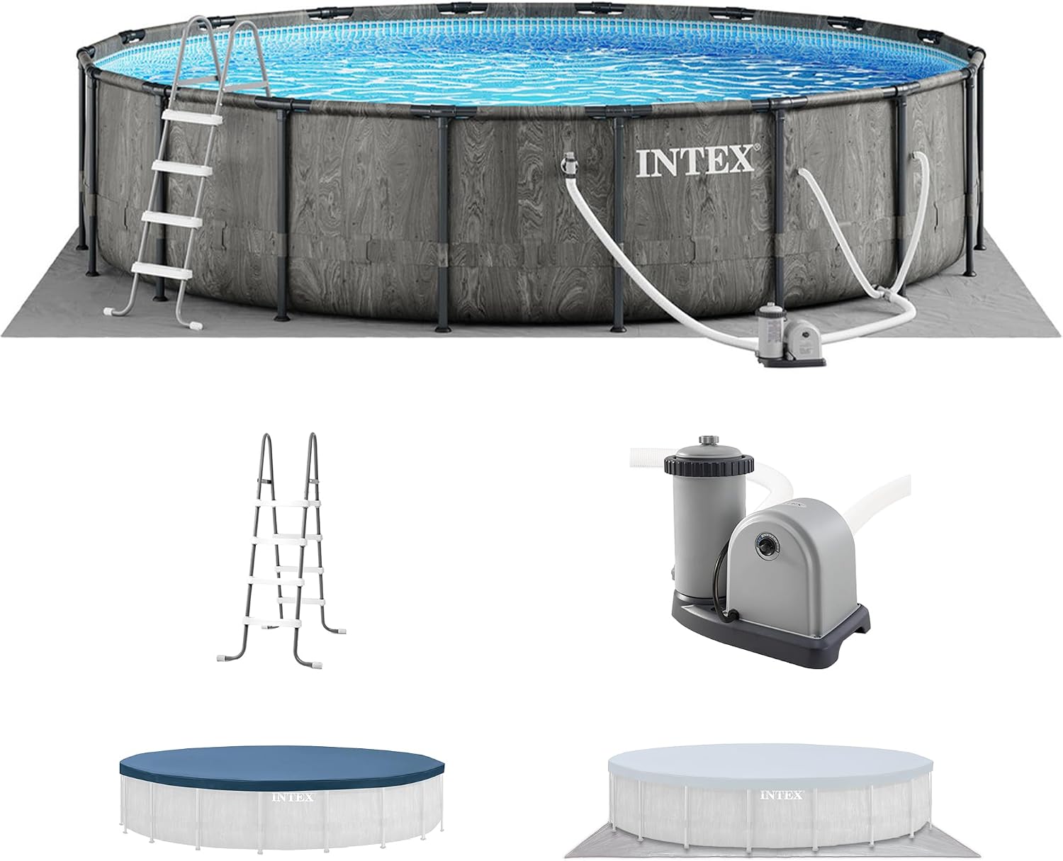 Intex Prism Frame Round Above Ground Outdoor Swimming Pool Set with Filter Pump, Ladder, Ground Cloth, and Pool Cover, Greywood