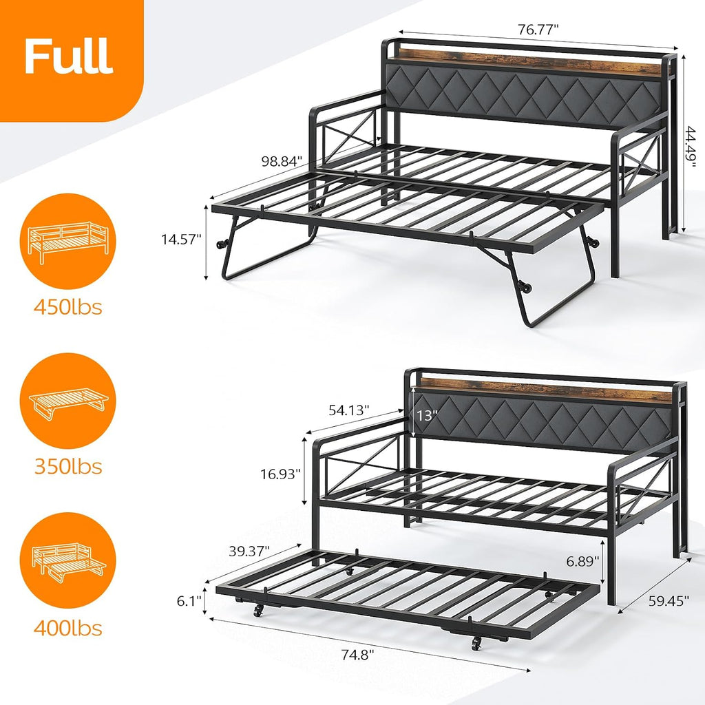 VINGLI Full Daybed with Trundle Bed, Upholstered Day Bed with LED Light & Charing Station, Sofa Bed Frame with Storage Headboard and Heavy Duty Metal Slats, for Living Room, Bedroom, Guest Room, Gray