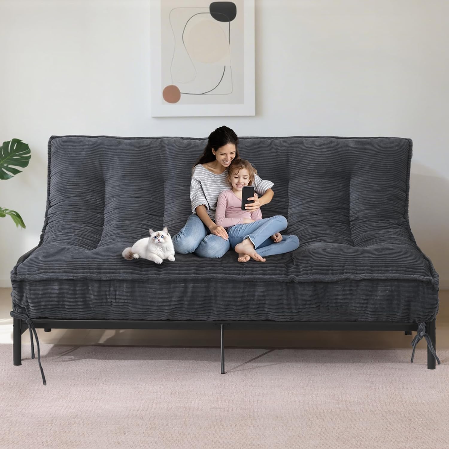 JUIKURY 8' Futon Mattress Queen Size, Thick Futons Sofa Couch Bed Sleeper Sofa Bed, Floor Mattress for Adults, Roll Up Folding Mattres Shredded Foam Filling, Medium Firm(Frame Not Included)