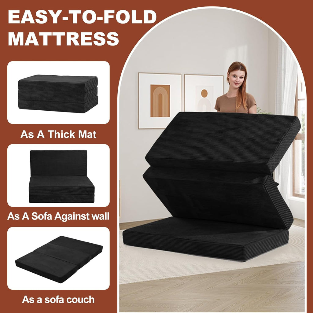 6-Inch Tri-Fold Foldable Mattress, Folding Sofa Bed with Removable Washable Cover, Portable Futon Mattress Full Size Floor Guest Mat with Non-Slip Bottom & Carry Handles for Camping (Black, Queen)
