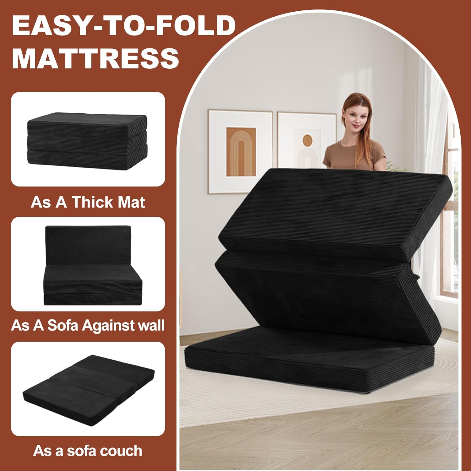 6-Inch Tri-Fold Foldable Mattress, Folding Sofa Bed with Removable Washable Cover, Portable Futon Mattress Full Size Floor Guest Mat with Non-Slip Bottom & Carry Handles for Camping (Black, Queen)