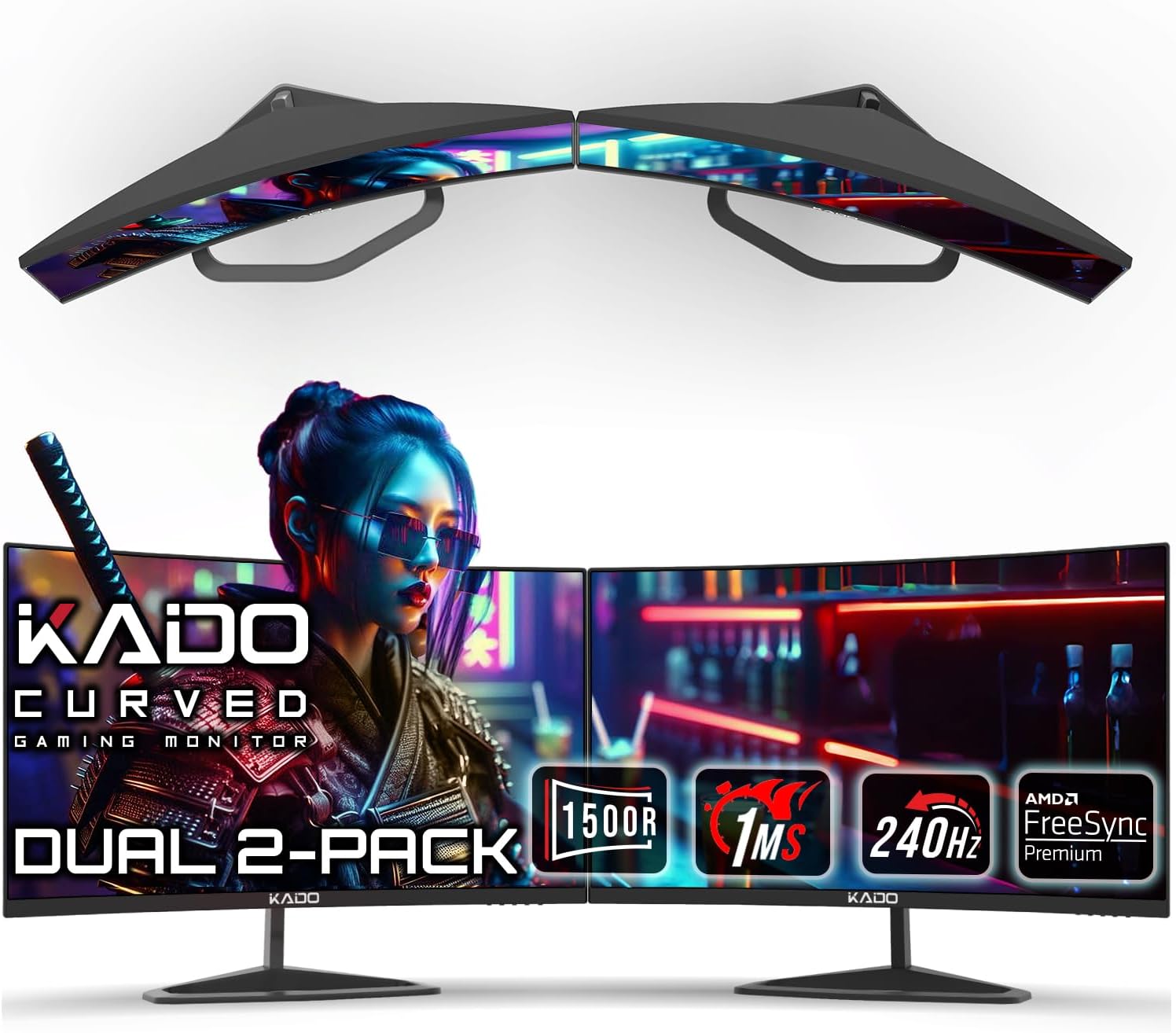 Kado Dual Gaming Monitor Setup - 2-Pack 24.5' 240Hz 1ms Curved 1500R 1920x1080, AMD FreeSync Premium, Panoramic Gaming Multi-View Split Screen Streaming, VESA Mount HDMI DisplayPort Built-in Speakers