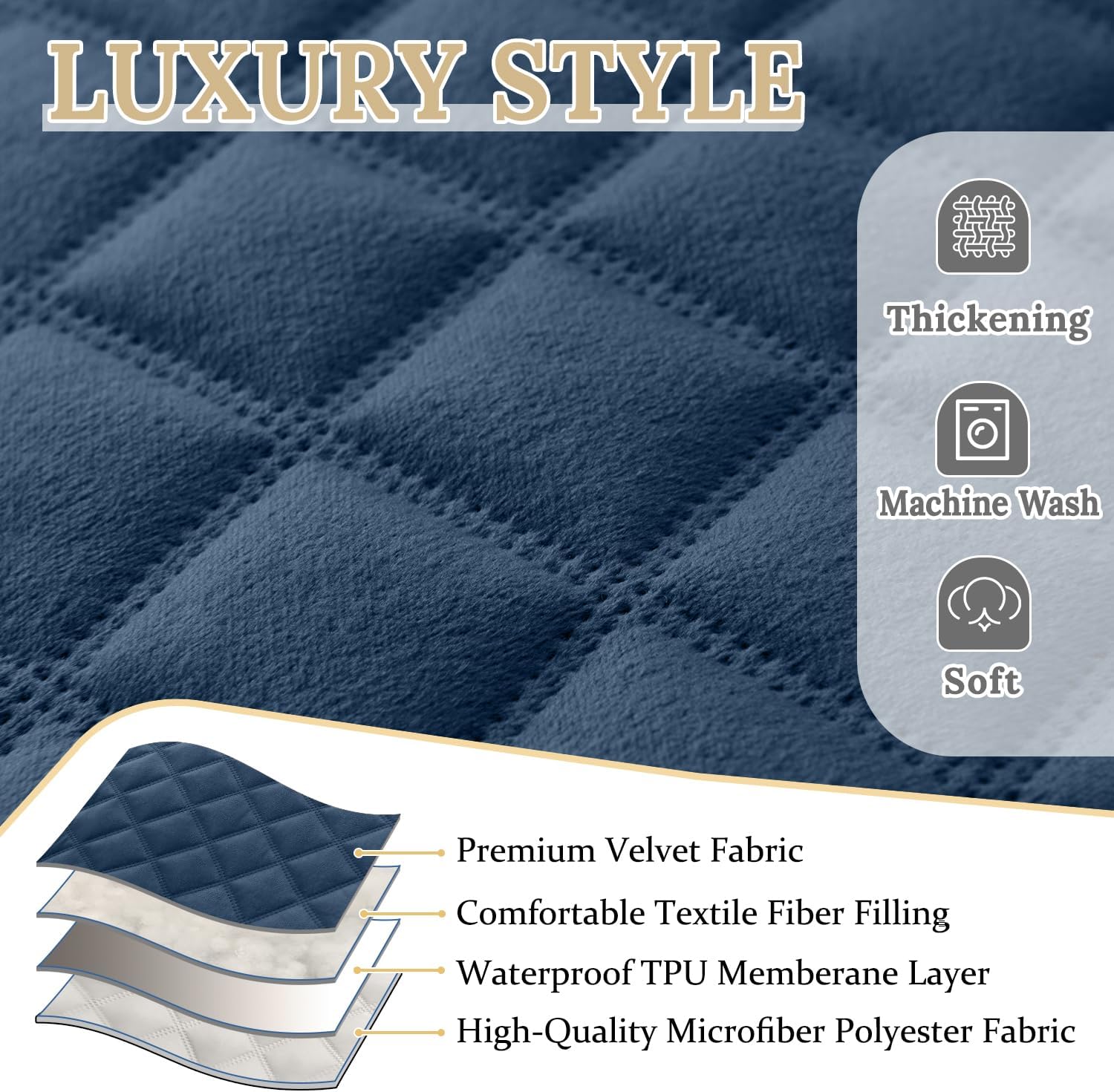HDCAXKJ 100% Waterproof Velvet Recliner Sectional Couch Covers L Shaped Corner Reclining Sofa Cover Washable Thick Non Slip Sectional Slipcover with Pockets (5 Seat Recliner Couch, Dark Blue)