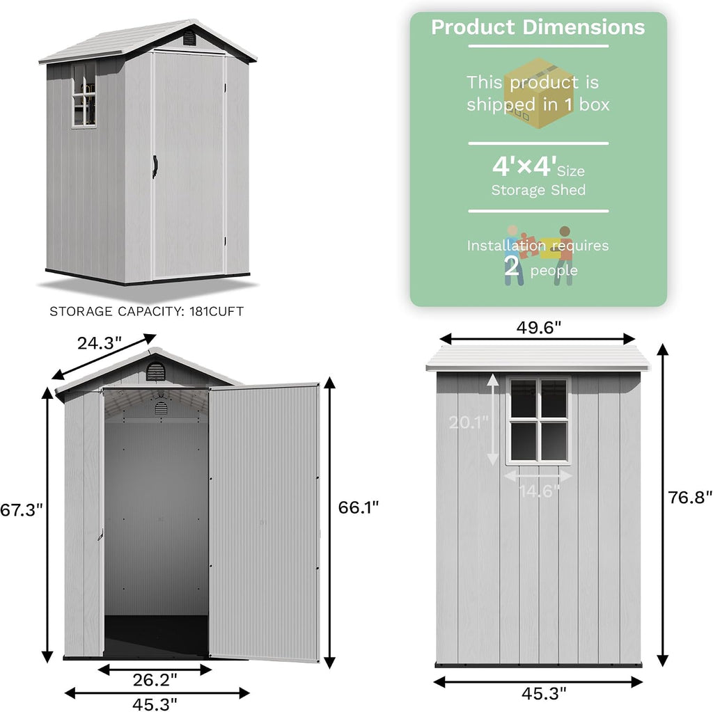 Greesum 4x4FT Plastic Storage Shed with Floor, Resin Outdoor Storaged Sheds with Lockable Door, All Weather Durable Tool Shed with Window and Vent, for Garden, Patio, Backyard, Light Gray