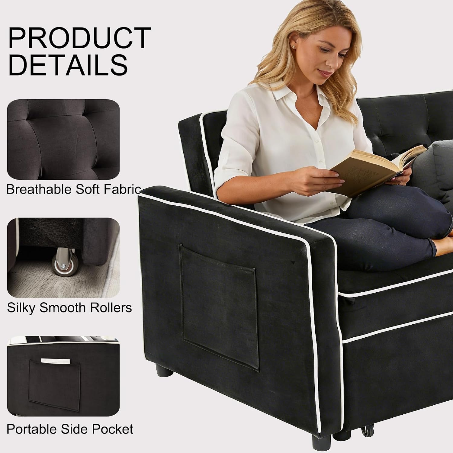 Loveseat Sleeper Sofa, 3 in 1 Convertible Sofa Bed, Adjustable Backrest Comfy Pull Out Couch, Modern Upholstered Sofa for Living Room Bedroom Apartment Small Space (Black 1)