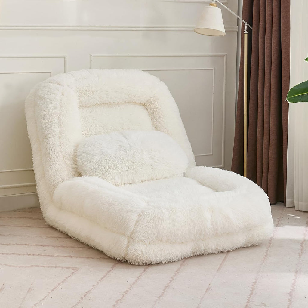 Upholstered Human Dog Bed for Adult & Pets, Convertible Lazy Sofa Bed with 5 Adjustable Position, Comfy Tatami Bean Bag Lounge Chair with a Soft Pillow for Bedroom Living Room (Beige Fluffy)