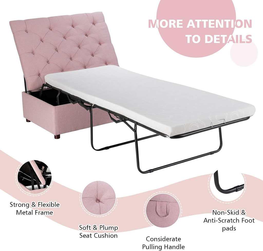 Giantex Ottoman Folding Bed, Fold Out Sleeper Bed with Mattress, Convertible Chair into Sofa Beds, Couch Sleeper w/Steel Frame, Dual Use Guest Lounge Beds, Living Room Bedroom Office(Pink)