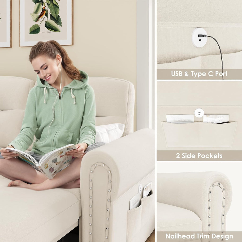 Sleeper Sofa Bed, 83'' Pull Out Couch Bed with Reversible Storage Chaise & Nailhead Armrest, Sectional Couches for Living Room, Side Pocket & Charging Station, Removable Backrest, Velvet Fabric, Beige