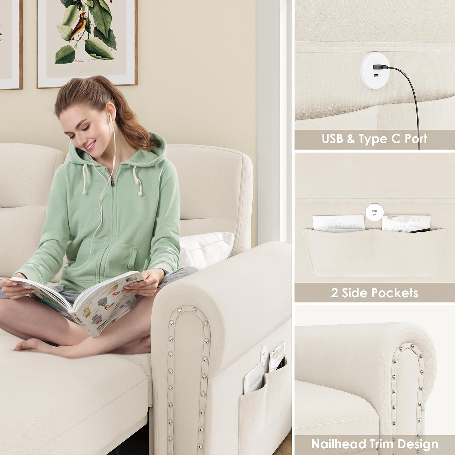 Sleeper Sofa Bed, 83'' Pull Out Couch Bed with Reversible Storage Chaise & Nailhead Armrest, Sectional Couches for Living Room, Side Pocket & Charging Station, Removable Backrest, Velvet Fabric, Beige