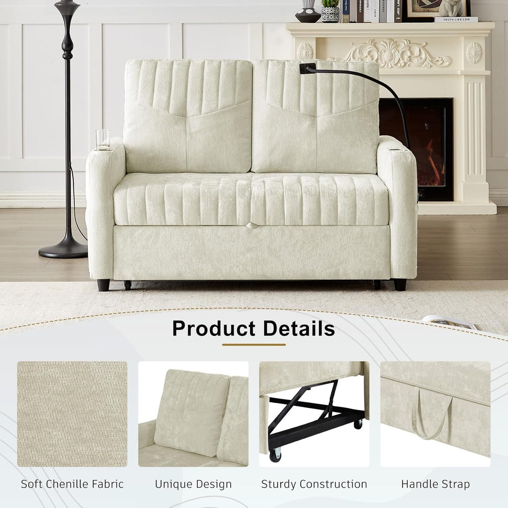 Merax Chenille 3-in-1 Pull Out Sleeper Sofa Bed Couch, 54' Convertible Futon Loveseat with Adjustable Backrest, 2 Cup Holders, Phone Stand, 3 Charging Ports and Storage Pockets for Living Room, Beige