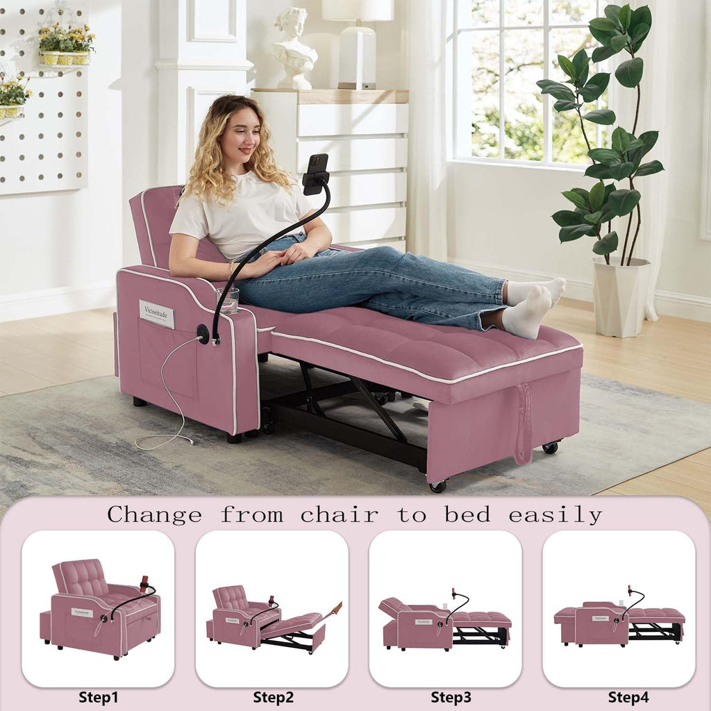 Convertible Sofa Bed, 3 in 1 Futon Sofa Bed with USB Charging Ports, Cup Holder, Phone Stand & Pocket, Modern Upholstered Sleeper Sofa for Living Room, Apartment or Small Space (Pink)