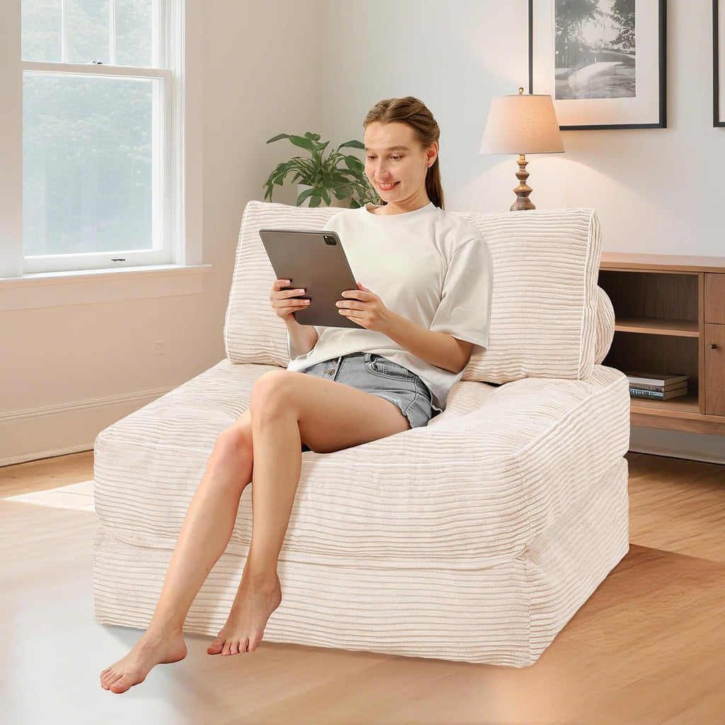 HABUTWAY Folding Sofa Bed, Convertible Sleeper Chair Bed w/Dual-Pillow & Handle, Foldable Floor Sofa Lounge w/Back Support for Living Room, Bedroom, Apartment, Office, Single, Beige