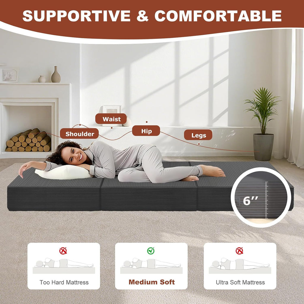 6-Inch Tri-Fold Foldable Mattress, Folding Sofa Bed with Removable Washable Cover, Portable Futon Mattress Full Size Floor Guest Mat with Non-Slip Bottom & Carry Handles for Camping (Grey, Queen)