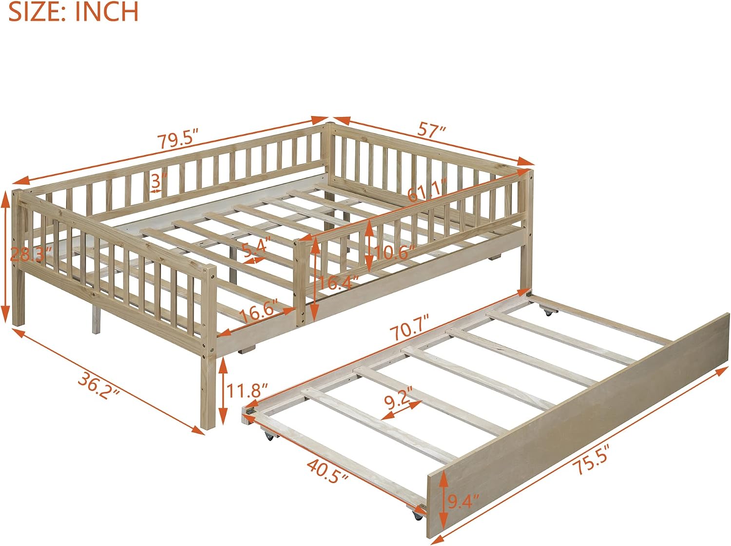 Montessori Bed Frame with Fence Railings and Trundle for Kids,Full Size Wood Low Platform Bed Frame with Full-Length Safety Guardrails for Boys Girls,No Box Spring Needed,Natural