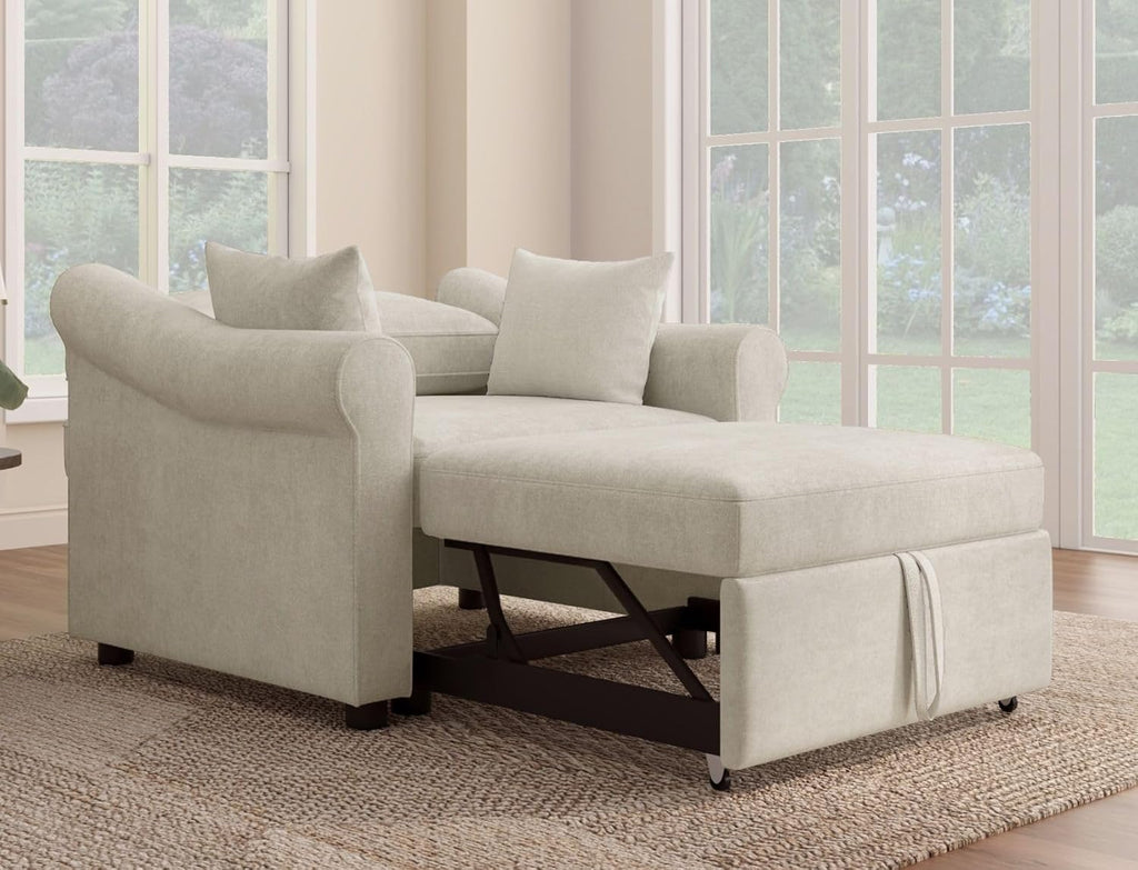Merax Chenille Convertible Sleeper Chair with Pillow & Adjustable Backrest, Adult 3 in 1 Lounger Sofa Turns Into Chaise Lounge Recliner Single Bed for Living Room Balcony Bedroom Office, Beige