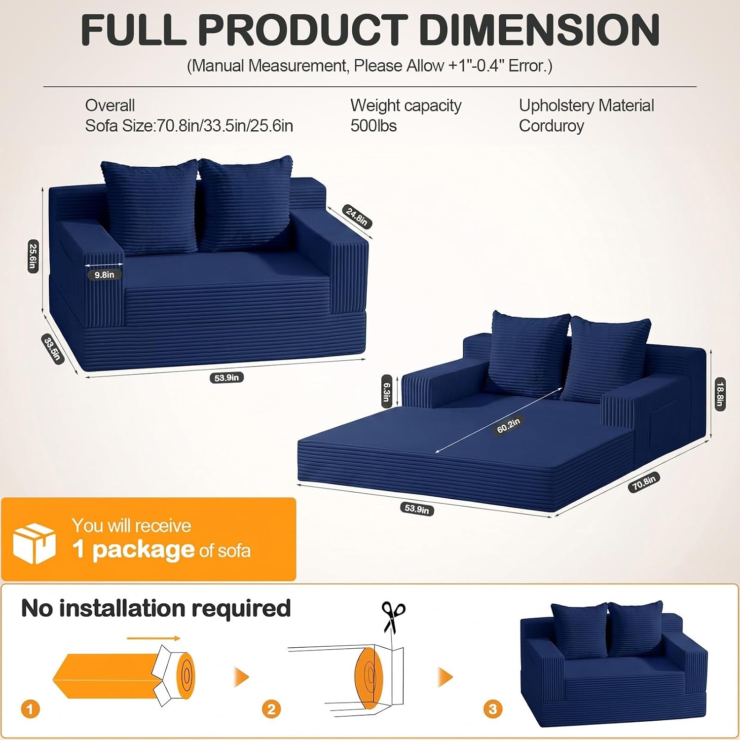 Erament Boneless Loveseat Convertible Sofa Bed, Folding Floor Futon Sleeper Sofa Couch Bed- Boneless Foldable Couch, Corduroy Pull Out Sofa Bed with 2 Pillows for Living Room & Bedroom