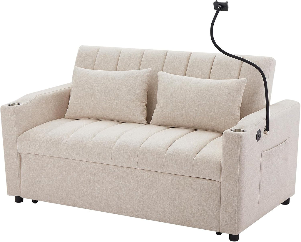 LUMISOL 3-in-1 Convertible Sleeper Sofa Bed, 55.9' Loveseat Pull Out Bed with USB Ports, Cup Holders, Swivel Stand & Storage Pockets, Modern Tufted Sofa Bed with Pillows, Beige
