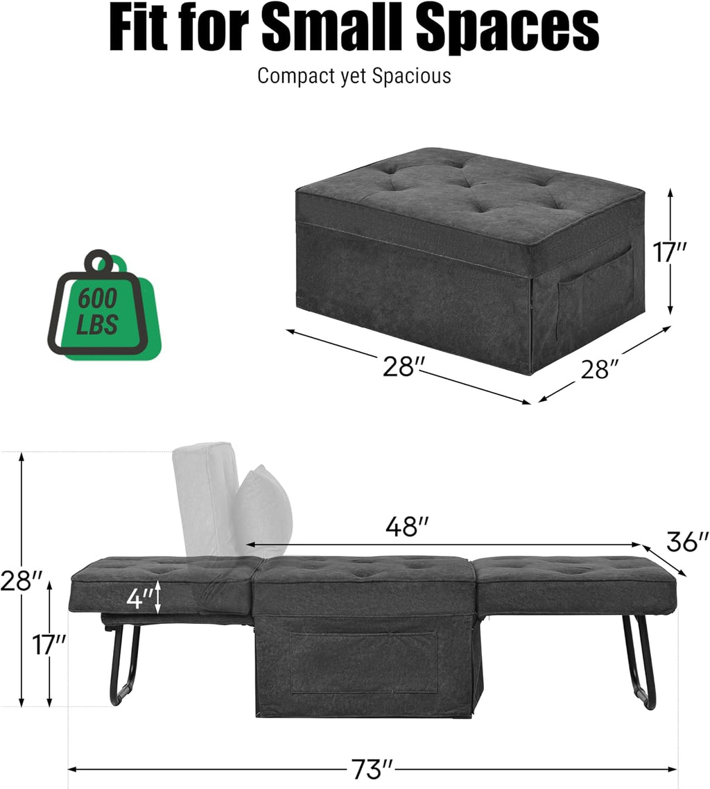4 in 1 Sleeper Sofa Bed, Foldable Ottoman Sleeper Bed with Adjustable Backrest, Convertible Chair Beds for Small Spaces Living Room Bedroom Apartment Office (Gray, 28'' Width)