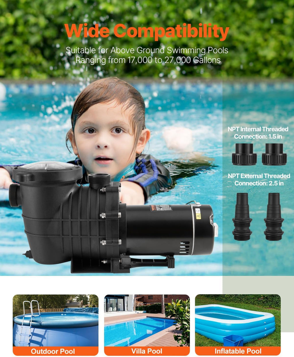 VEVOR Above Ground Pool Pump, 1HP, 80 GPM Max. Flow Single Speed Swimming Pool Pump, 110V/240V 3450RPM 34.4ft Max. Head Pool Pump with Filter Basket for Above Ground Pools, Hot Tubs, or Spas