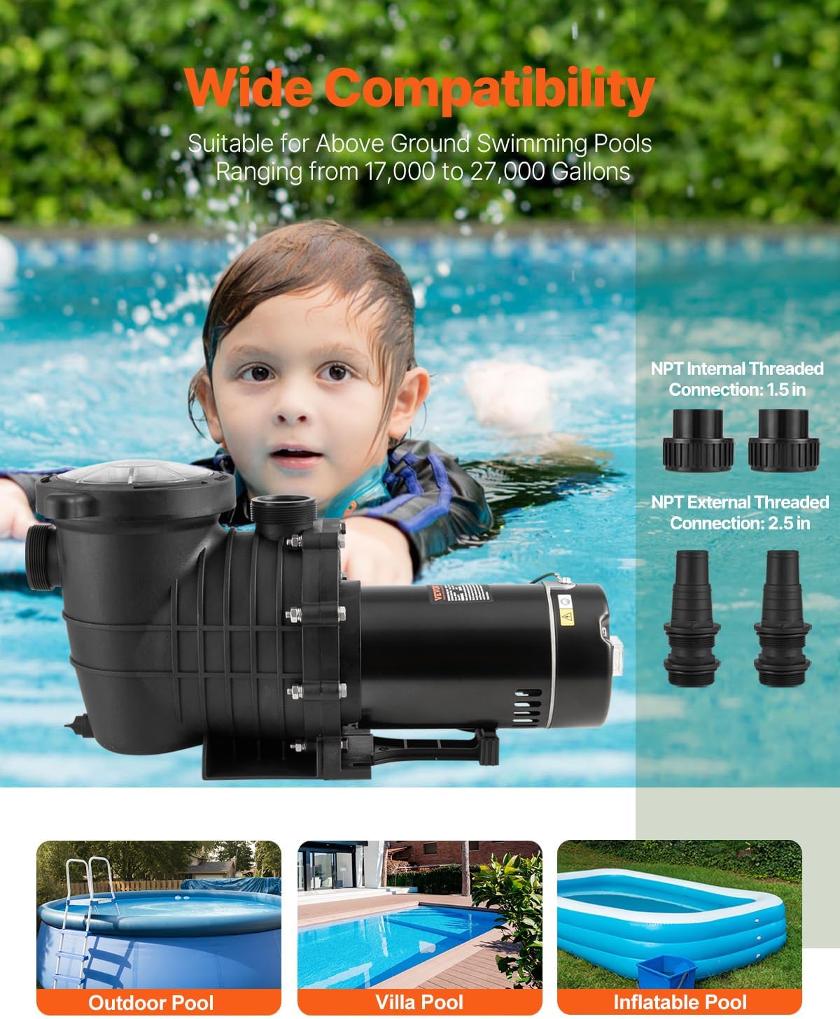 VEVOR Above Ground Pool Pump, 1HP, 80 GPM Max. Flow Single Speed Swimming Pool Pump, 110V/240V 3450RPM 34.4ft Max. Head Pool Pump with Filter Basket for Above Ground Pools, Hot Tubs, or Spas