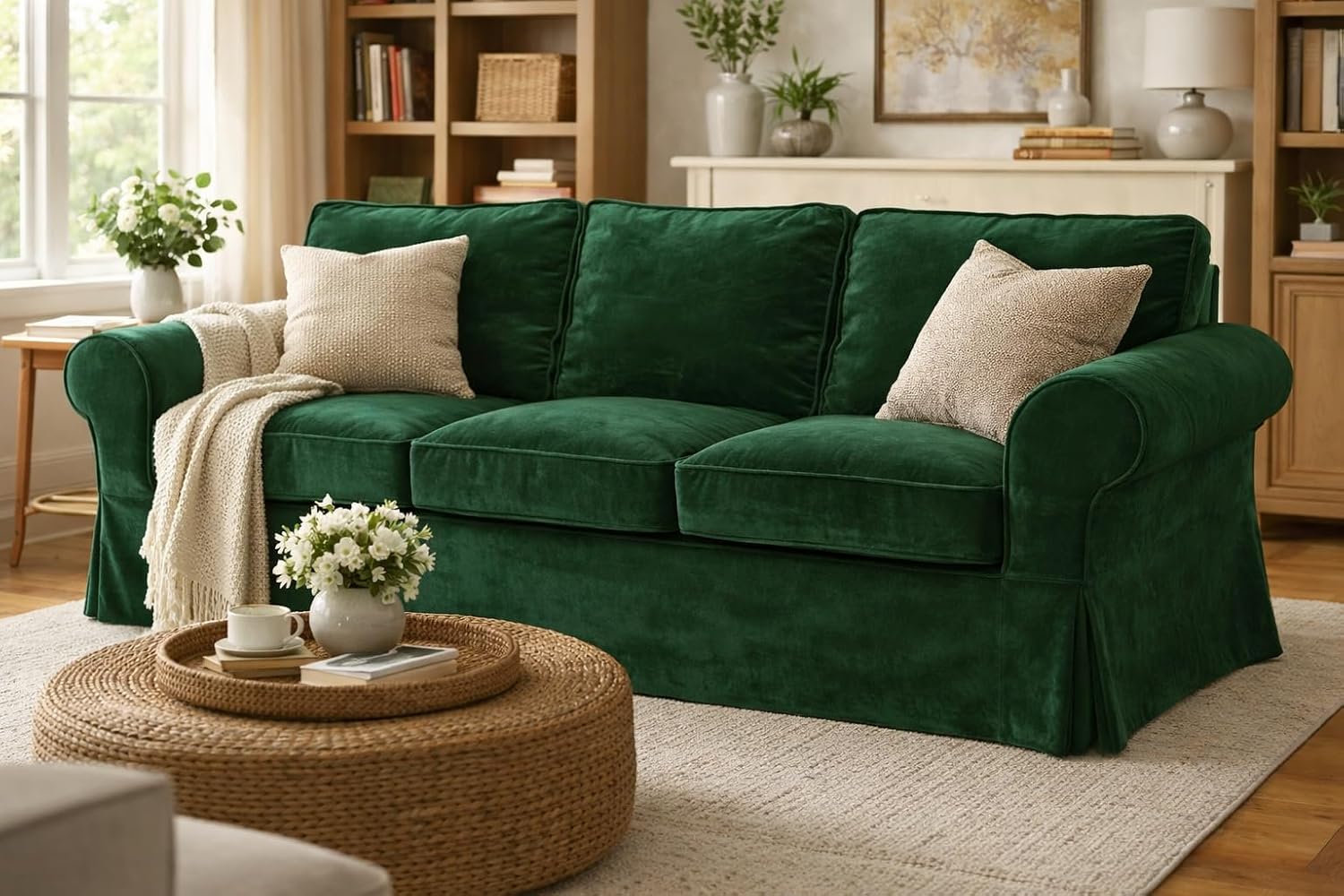 Velvet Pets Friendly Sofa Covers Custom Made Compatible for IKEA Ektorp Three Seat Sofa Slipcovers (Velvet Green Ektorp 3)