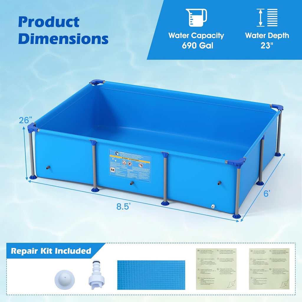 GYMAX 8.5' x 6' x 26' Metal Frame Above Ground Swimming Pool, Outdoor Backyard Famliy Pool w/Puncture-Resistant Fabric, Drainage Valve Connector for Kids & Adults (8.5' x 6' x 26', Rectangle, Blue)