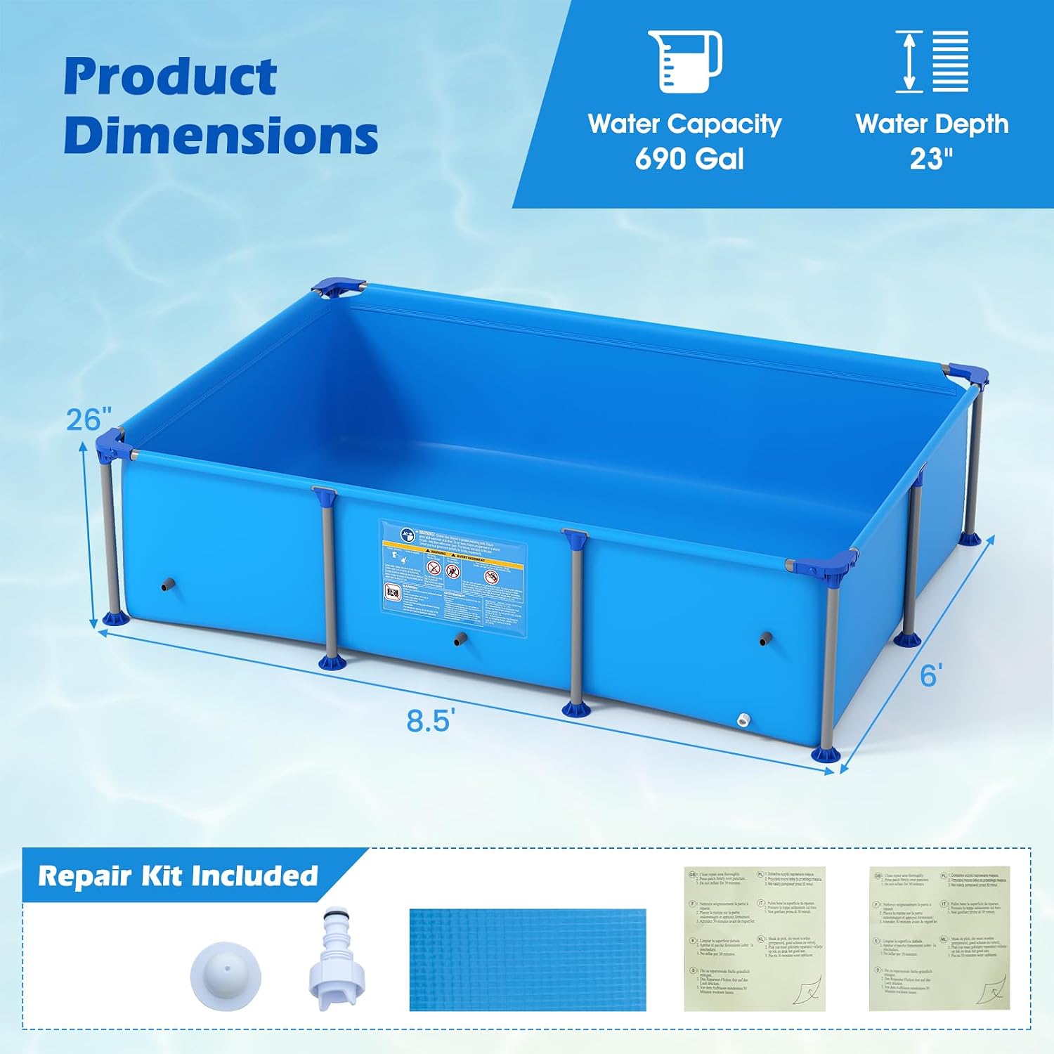 GYMAX 8.5' x 6' x 26' Metal Frame Above Ground Swimming Pool, Outdoor Backyard Famliy Pool w/Puncture-Resistant Fabric, Drainage Valve Connector for Kids & Adults (8.5' x 6' x 26', Rectangle, Blue)