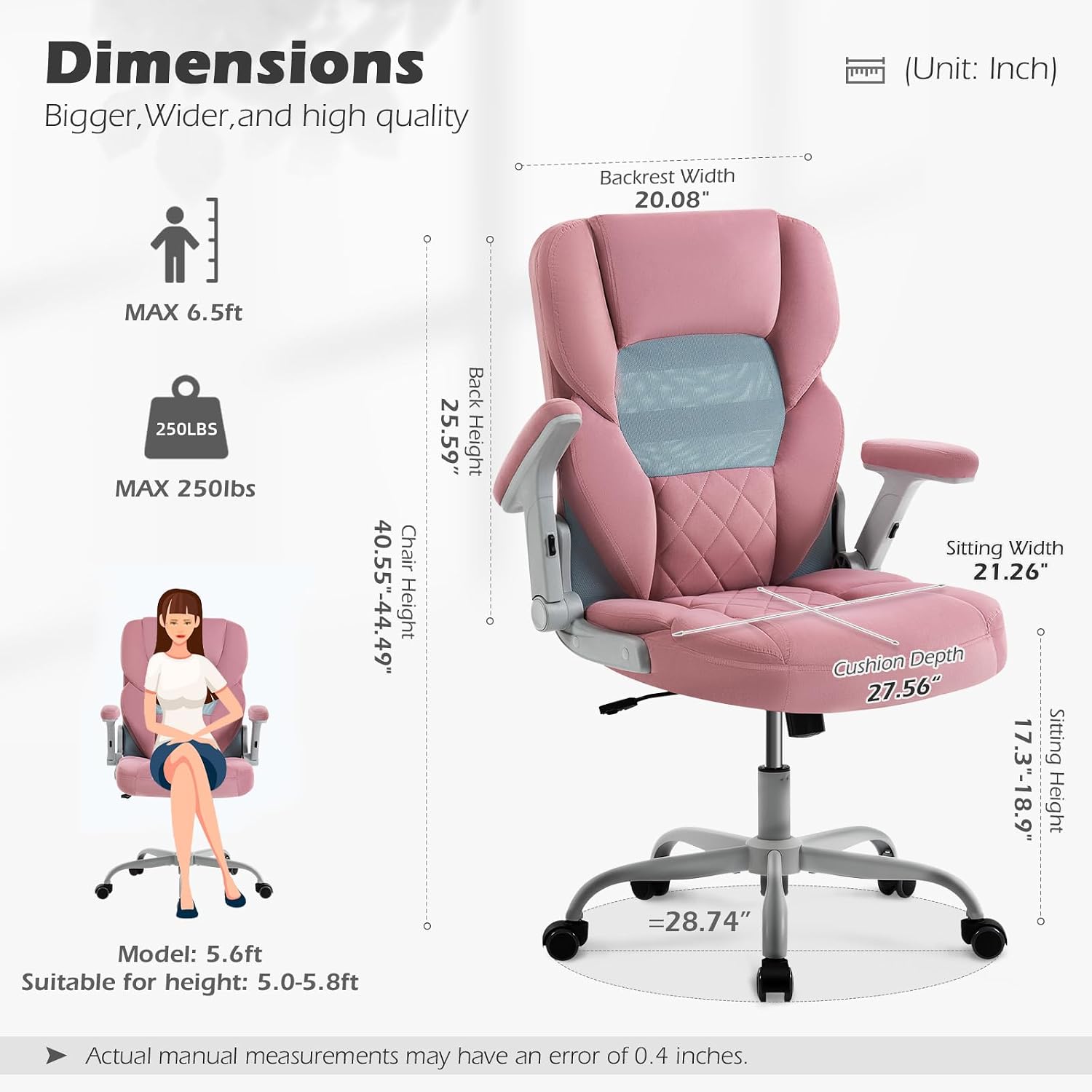 SEATZONE Rose Home Desk Office Chair with Arms and Wheels, Comfortable Executive Computer Chair, Breathable Mesh and Velvet Fabric Swivel Task Chairs for Women&Girls