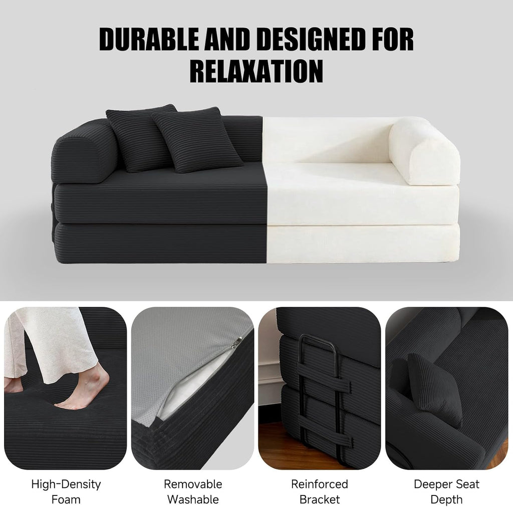 79' Compressed Sofa, Convertible Sofa Bed, Corduroy Compression Boneless Couch with Pillow, Comfy Modular Foldable Floor Sleeper Sofa for Bedroom, Living Room, Lounge, Studio (Black)