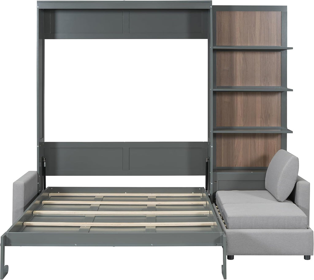 Merax Queen Murphy Bed with Sofa, Wood Folding Wall Bedframe with Soft Couch and Shelves, for Guest Room, Home Office or Small Bedroom, Grey