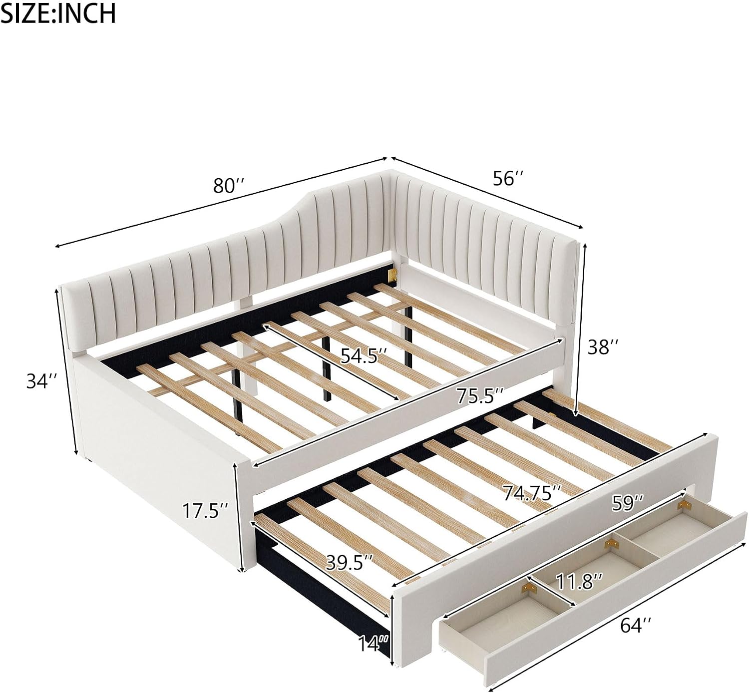 Merax Full Size Upholstered Wood Daybed Extendable Sofa Bed with Trundle and Three Storage Drawers for Living Room Guest Room, Beige