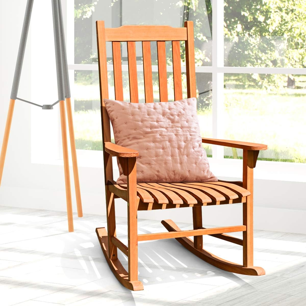 Giantex Porch Rocking Chair Outdoor and Indoor Use, Solid Eucalyptus Wood Rocker with Natural Finish, Front Porch Chairs for Patio Deck Garden, Wooden Rocking Adirondack Chair Set