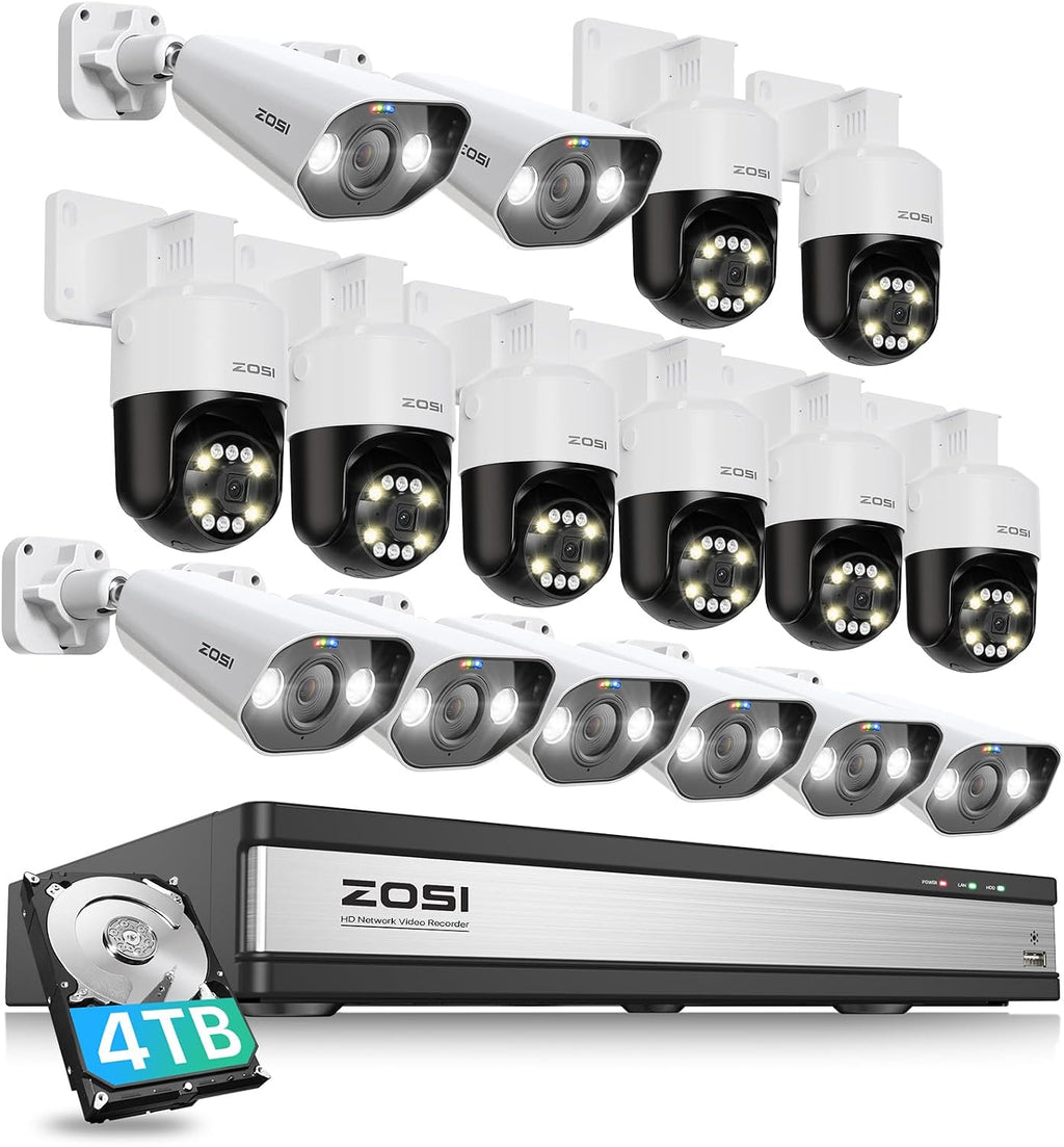 ZOSI 16 Channel 4K PoE Security Camera System with AI Face Person Vehicle Detection, 16 Wired 5MP 3K Outdoor Bullet PT PoE IP Cameras, 2-Way Audio, Spotlight, 5X Digital Zoom, 4TB HDD, 24/7 Recording
