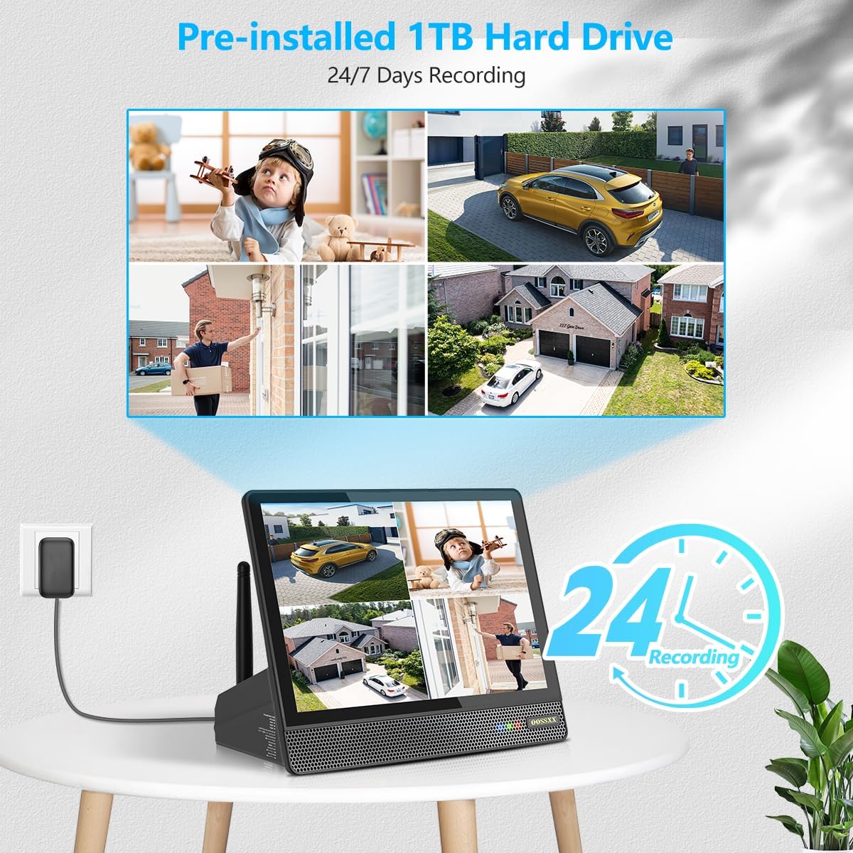 (10CH All in One Monitor) Home Security Cameras Wireless Outdoor Security Camera System,WiFi NVR Network Surveillance Video Recorder Indoor House Alarm