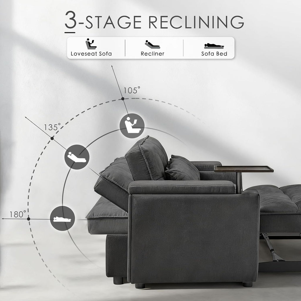 Dreamzie 65'' Convertible Sleeper Sofa Bed with 90° Swivel Side Table, Chenille Pull Out Couch for Living Room, Loveseat Sleeper with Hidden Storage Space | Charging Port | Cup Holders, Grey