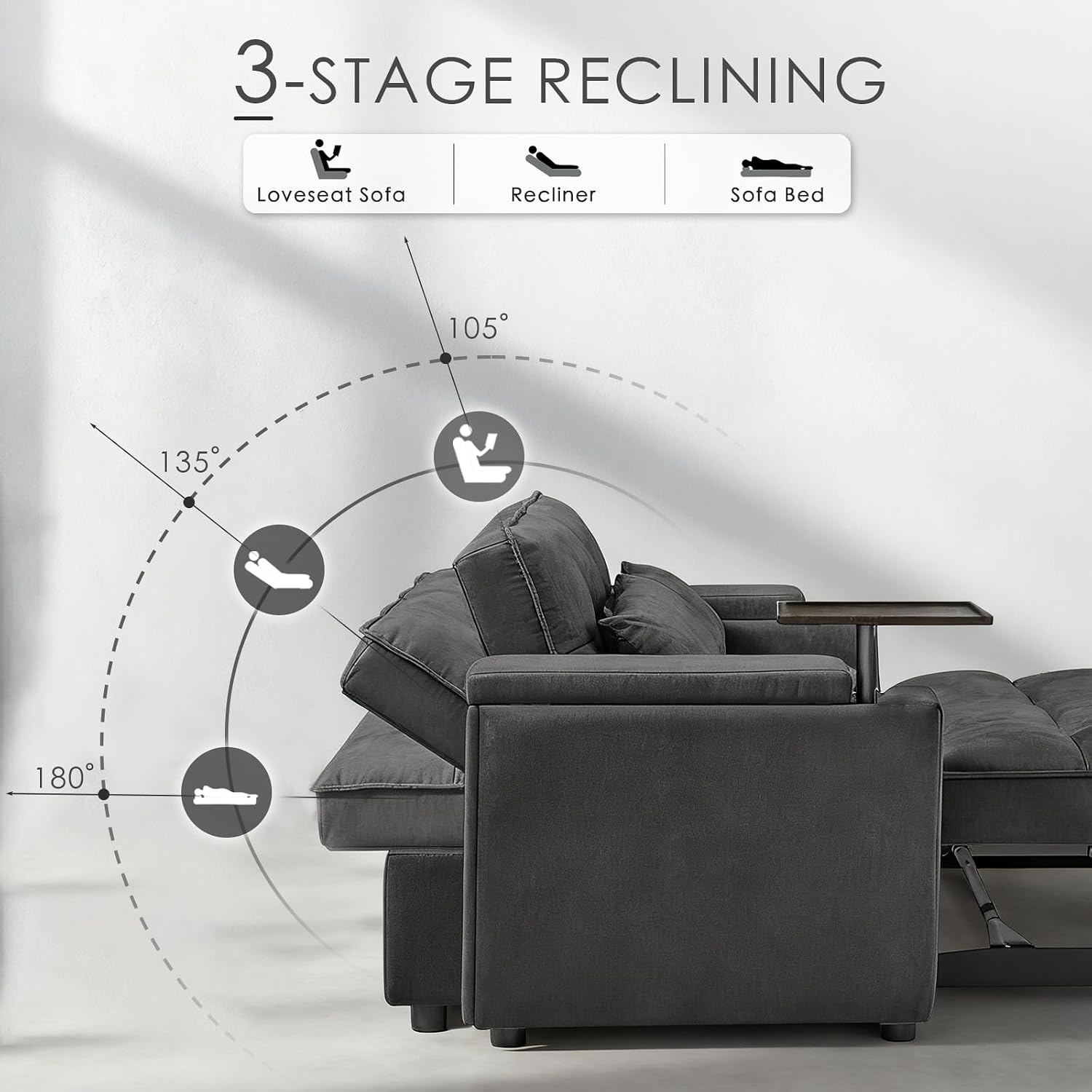 Dreamzie 65'' Convertible Sleeper Sofa Bed with 90° Swivel Side Table, Chenille Pull Out Couch for Living Room, Loveseat Sleeper with Hidden Storage Space | Charging Port | Cup Holders, Grey