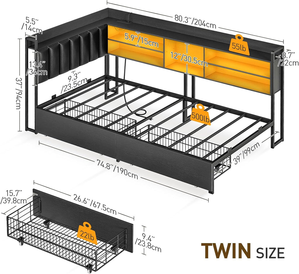 RALGEND Corner Bed Frame with Bookcase Storage and PU Upholstered, Twin Daybed with 2 Drawers and Charging Station, Metal Platform Bed Fram for Living Room, Bedroom, Guest Room, Black