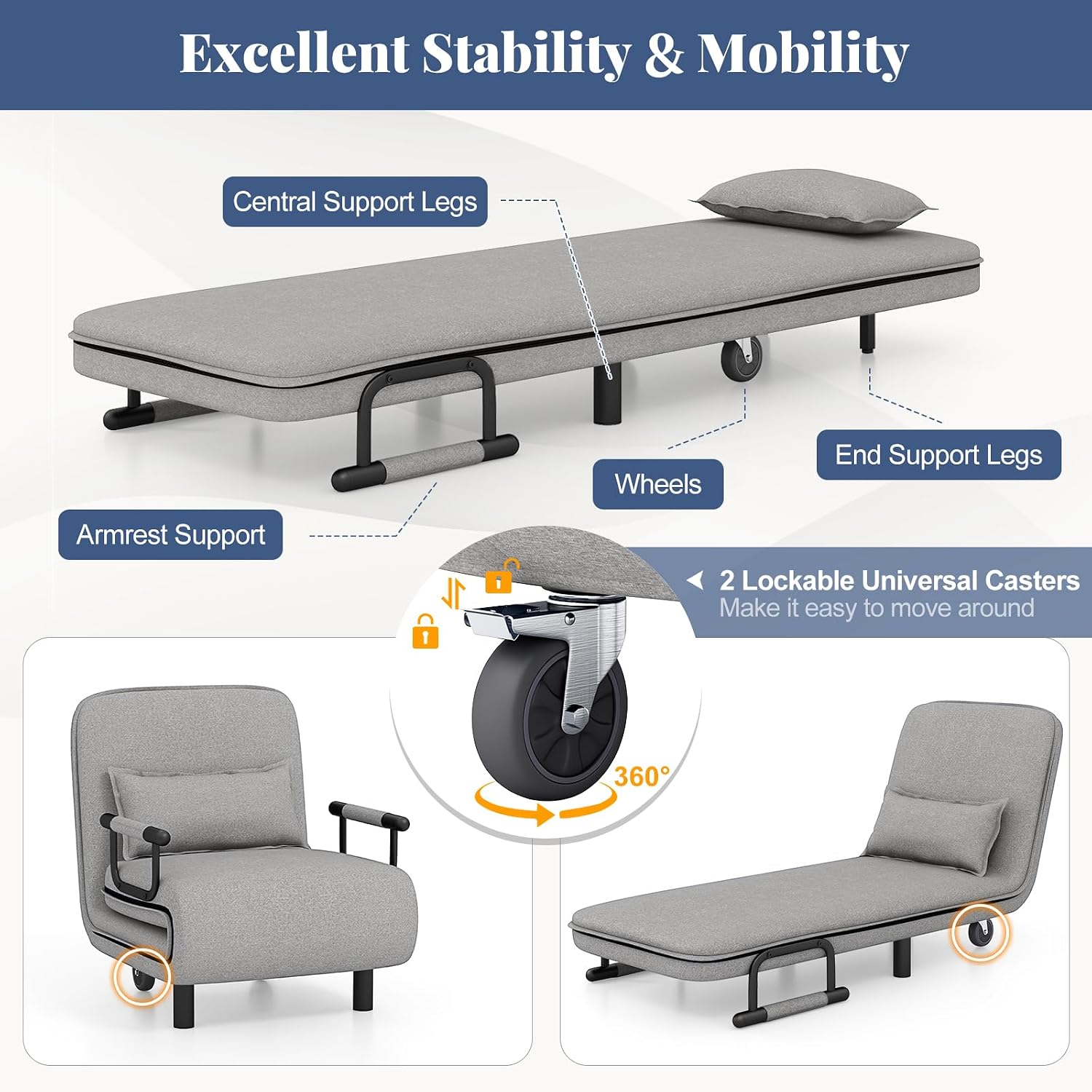 Giantex Convertible Sofa Bed, 3-in-1 Folding Sleeper Chair with 5-Position Adjustable Backrest, Wheels, 2 Legs, Recliner Chaise Lounge with Pillow, Armchairs for Nursery Living Room (Light Gray)