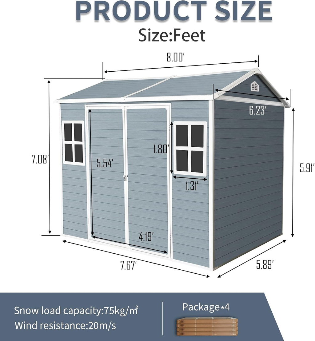 Ball & Cast 6x8 FT Resin Outdoor Storage Shed,Waterproof Garden Organizer Tool House with Floor & Two Windows,Backyard Cabinet w/Lockable Door and Ventilation,Shelter for Car,Bike,Lawnmower,Grey