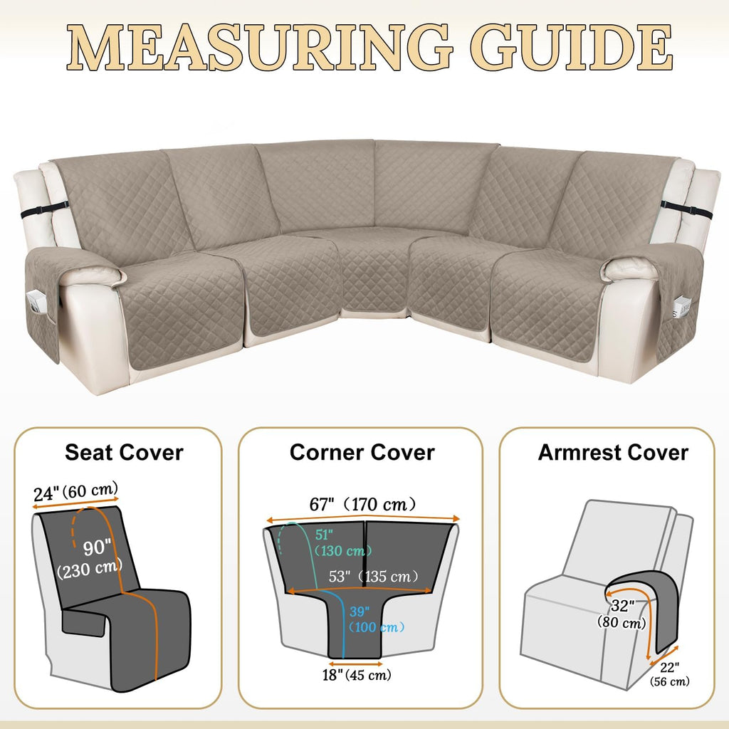 HDCAXKJ 100% Waterproof Velvet Recliner Sectional Couch Covers L Shaped Corner Reclining Sofa Cover Washable Thick Non Slip Sectional Slipcover with Pockets (5 Seat Recliner Couch, Khaki)
