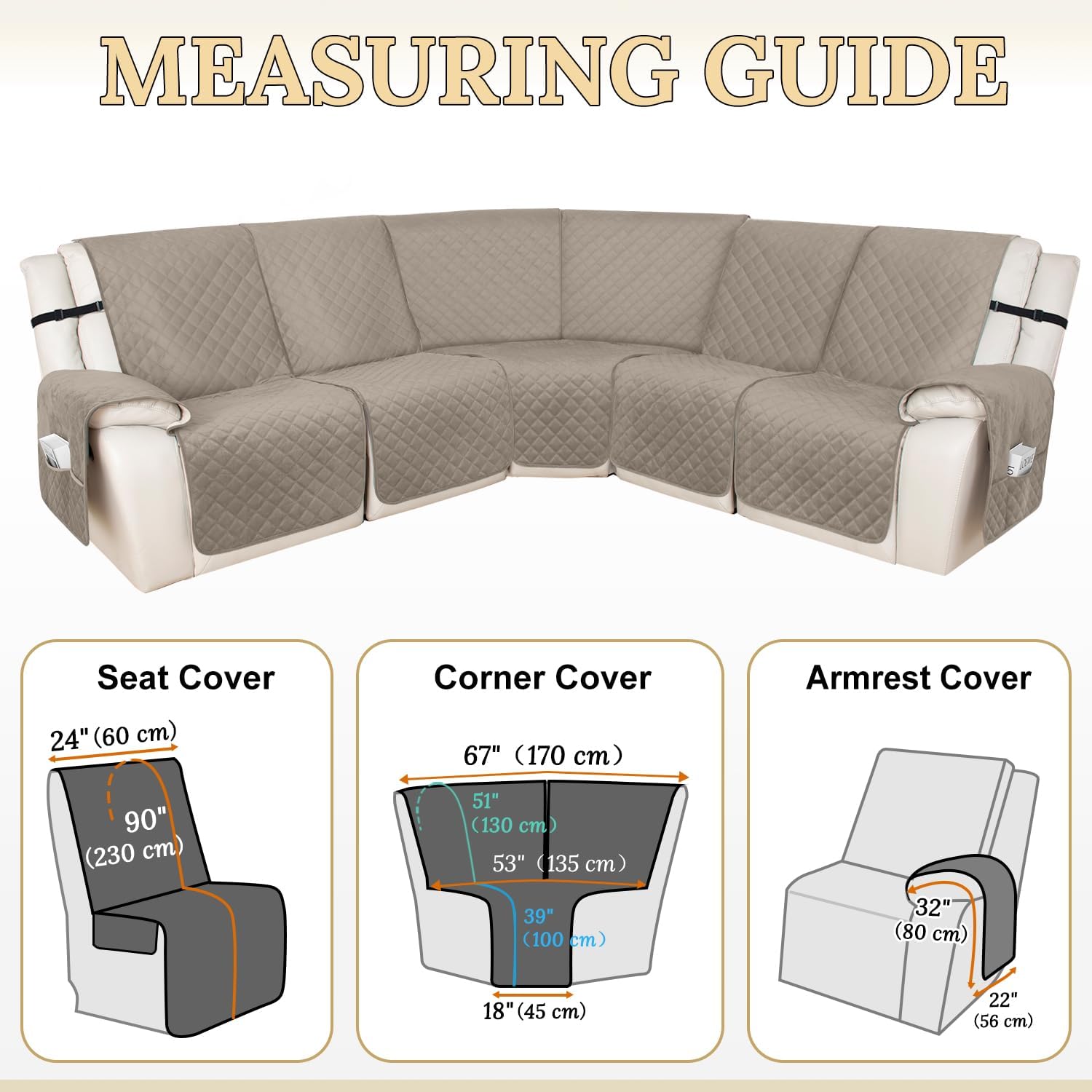 HDCAXKJ 100% Waterproof Velvet Recliner Sectional Couch Covers L Shaped Corner Reclining Sofa Cover Washable Thick Non Slip Sectional Slipcover with Pockets (5 Seat Recliner Couch, Khaki)