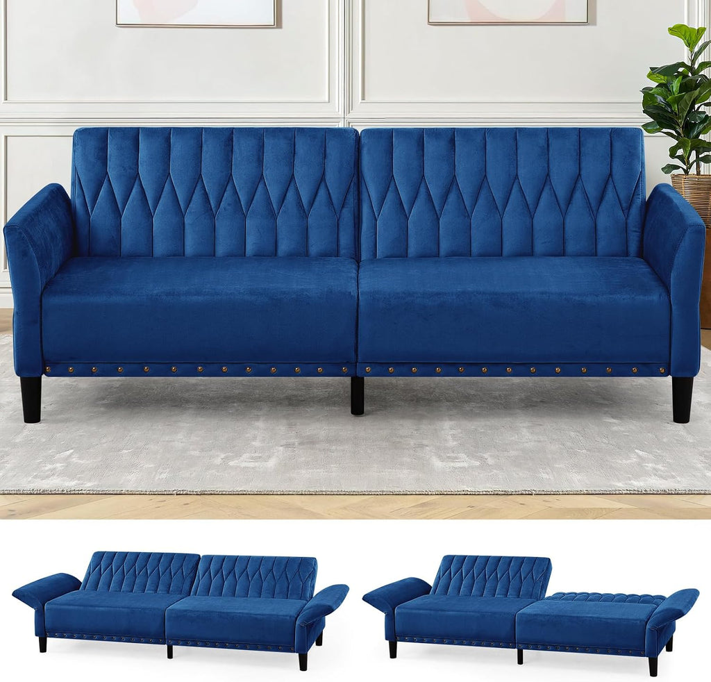 77' Velvet Sofa Bed with Adjustable Armrests and Backrests,Tufted Convertible Futon Couch with Nailhead Trim, Loveseat Modern Velvet Sleeper Sofa for Living Room,Bedroom,Office,Blue