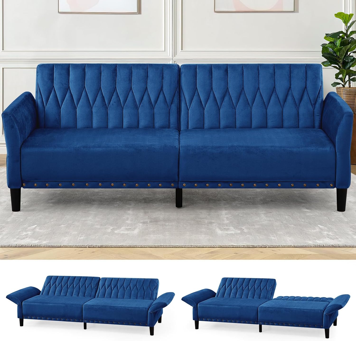77' Velvet Sofa Bed with Adjustable Armrests and Backrests,Tufted Convertible Futon Couch with Nailhead Trim, Loveseat Modern Velvet Sleeper Sofa for Living Room,Bedroom,Office,Blue