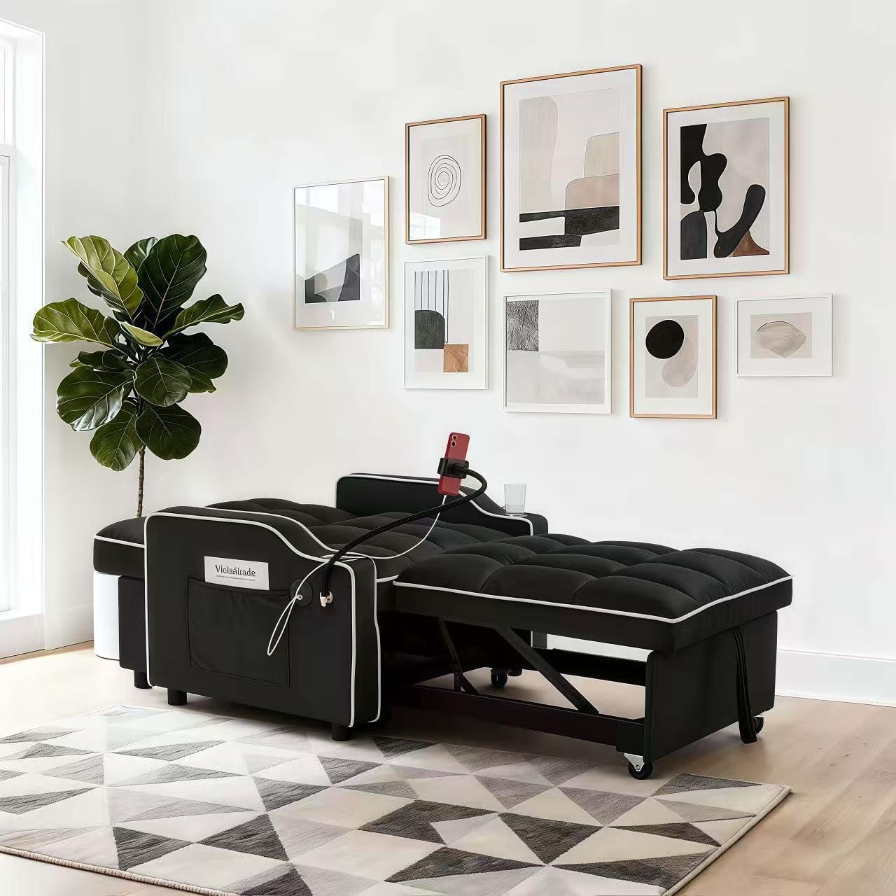 Convertible Armchair Sofa Bed with USB Port & Phone Holder, Pull-Out Single Chair Bed Sleeper for Small Spaces, Modern Upholstered Recliner Chair (Black)