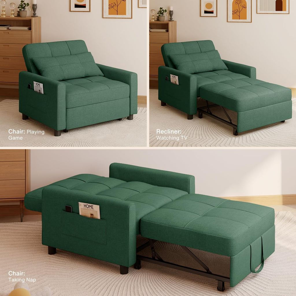 Aiho Convertible Sleeper Chair with Pillow & Pocket, 3-in-1 Sofa Bed in Modern Linen Fabric for Apartment, Green