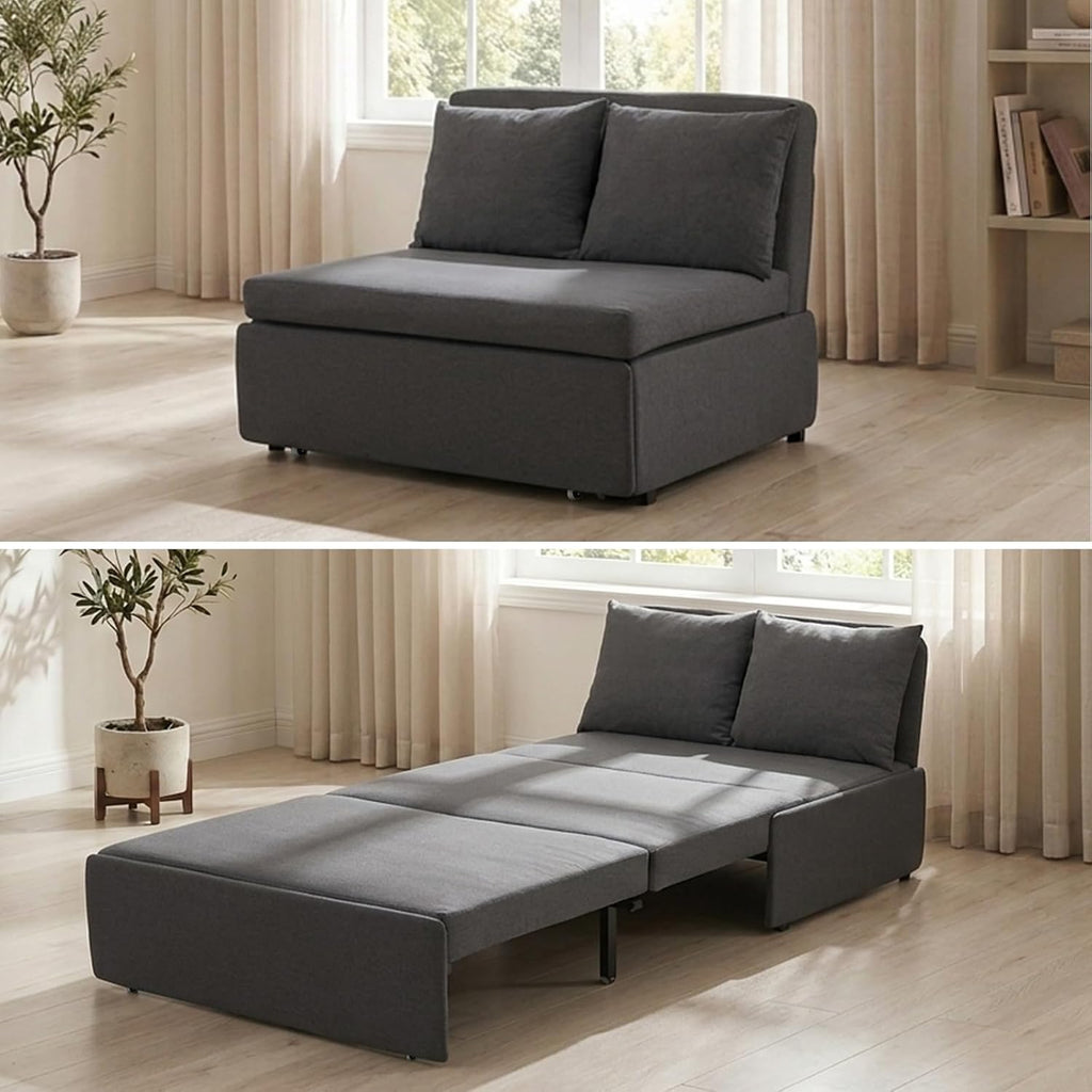 BALUS 43'W Twin Pull Out Sofa Bed Sleeper Couch with Pullout Beds, 2 in 1 Convertible Linen Sleepers Sofa Single Chair with Pillows and 3.9' Foldable Mattress for Small Space Apartment Loft, Dark Grey