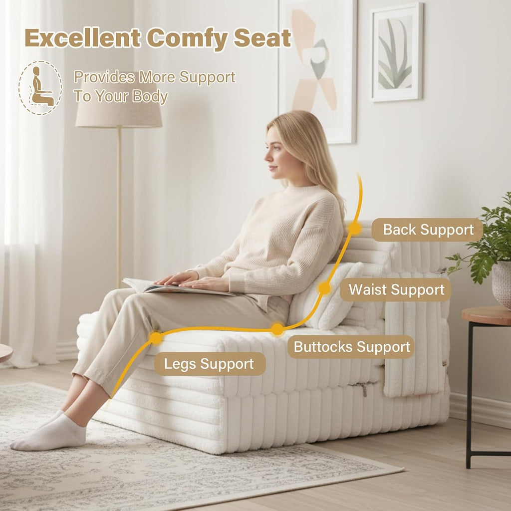 Tiita Folding Sofa Bed Twin Size, Convertible Sleeper Chair Mattress with Pillow, Thick Corduroy Floor Mattress Couch Bed with Side Pocket, Guest Room, Dorm, Apartment, Beige