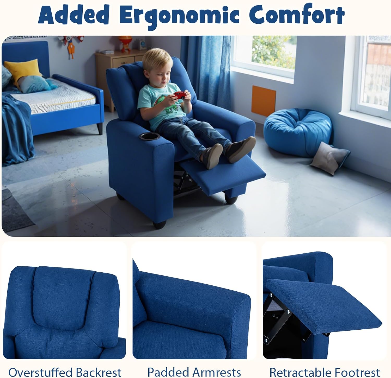 GLACER Kids Recliner with Cup Holder, Fabric Toddler Lounge Chair w/Adjustable Backrest & Footrest, Spring-Loaded Seat Cushion, Push Back Toddler Sofa for Boys & Girls Ages 3+ Years Old (Blue)