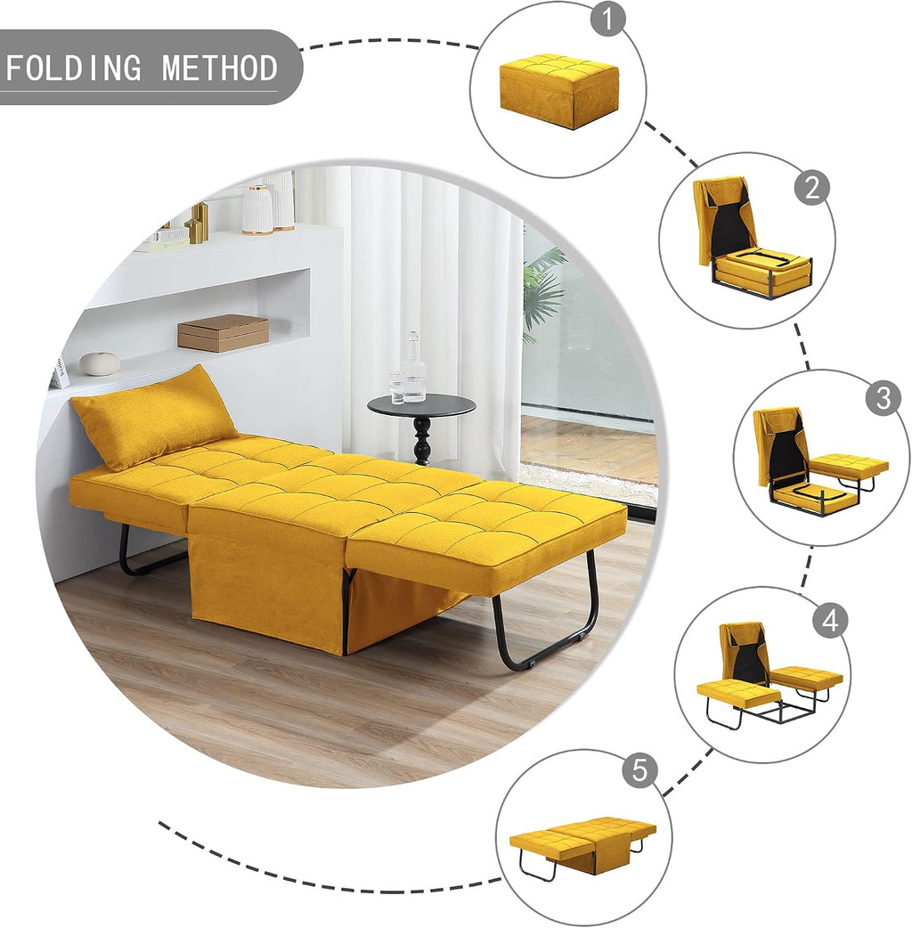 BIGSYY Sofa Bed, Set of 4 in 1 Multi-Function Folding Ottoman Breathable Linen Couch Bed with Adjustable Backrest Modern Convertible Chair for Living Room Apartment Office, Yellow