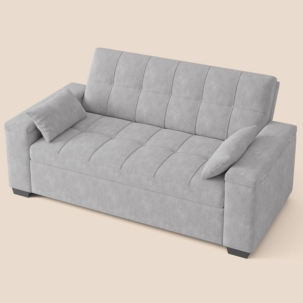 Gizoon Convertible Sofa Bed Futon, 70.9'' Sleeper Loveseat with Pull Out Couch, 3 in 1 Plush Fleece Fabric Futon Couch with Side Pockets, Storage Armrest & Adjustable Backrest for Living Room, Grey